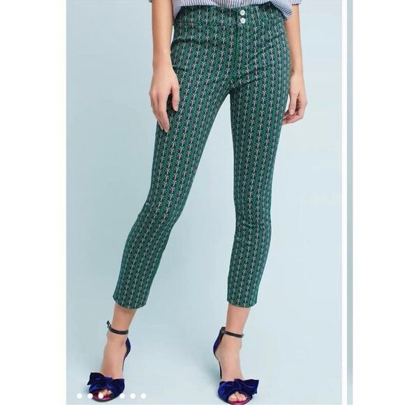 Anthropologie Essentials Butterfly Green Blue Trousers Pants Women’s 8 - Picture 2 of 8